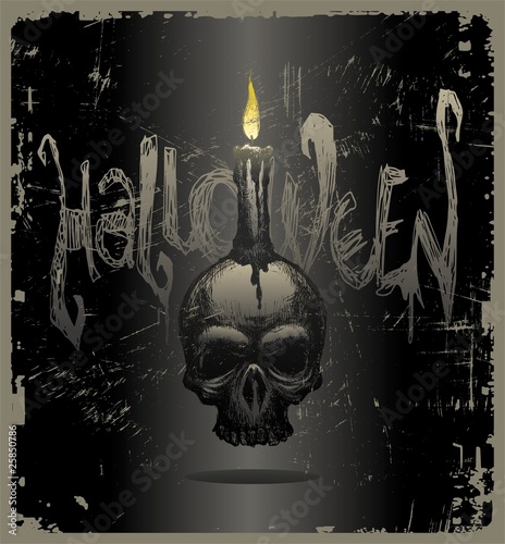 Halloween vector illustration with hand drawn skull & candle