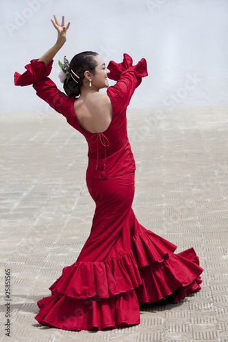 Traditional Woman Spanish Flamenco Dancer In Red Dress photo