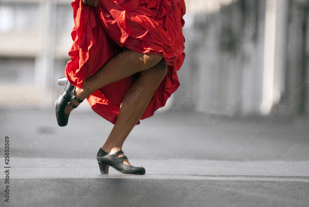 Flamenco Dancer's legs in red dress - obrazy, fototapety, plakaty 