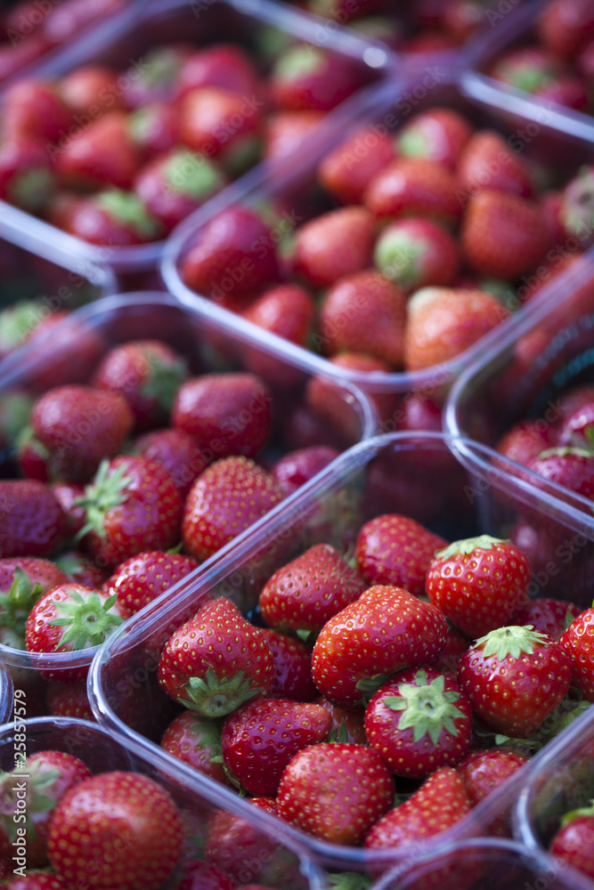 Fraises en barquette au marché