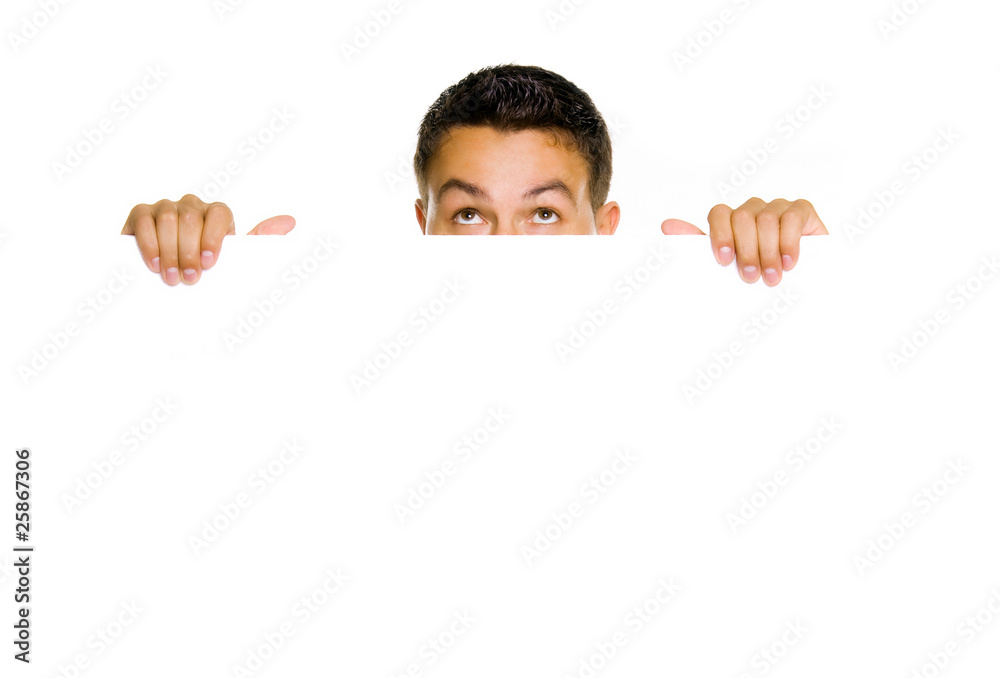 Potrait of a young guy holding blank billboard Potrait of a young guy holding blank billboard