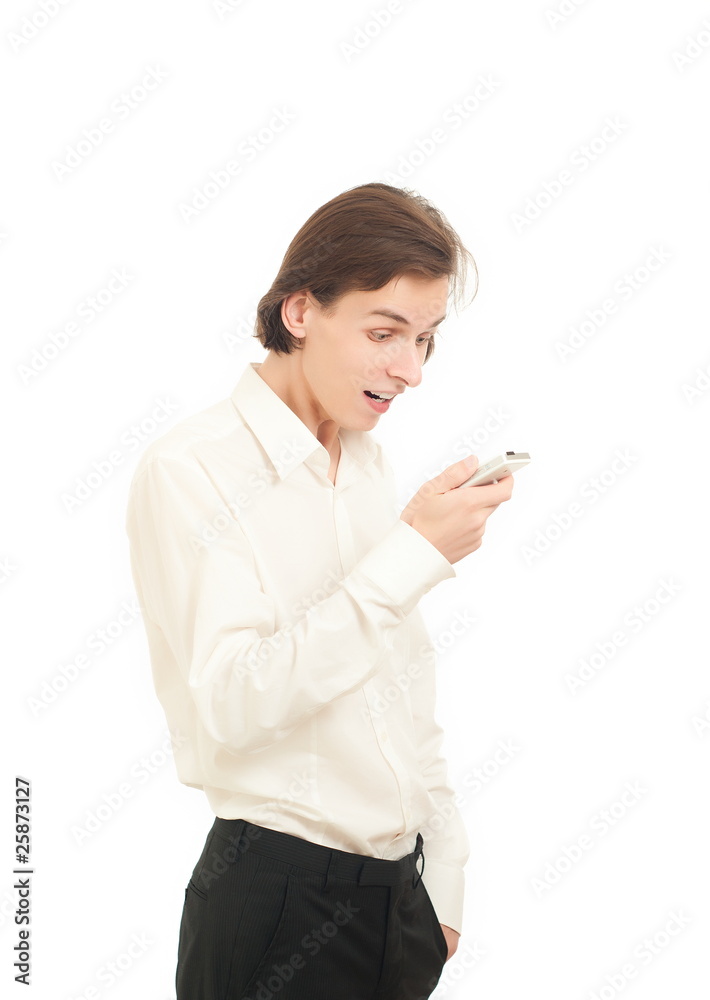young businessman active talking and screaming to cell phone young businessman active talking and screaming to cell phone