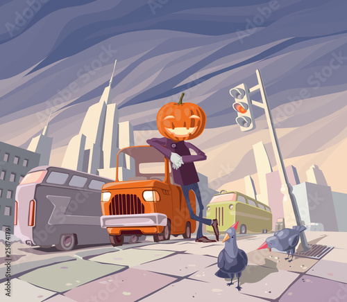 Jack O' Lantern and his orange car.