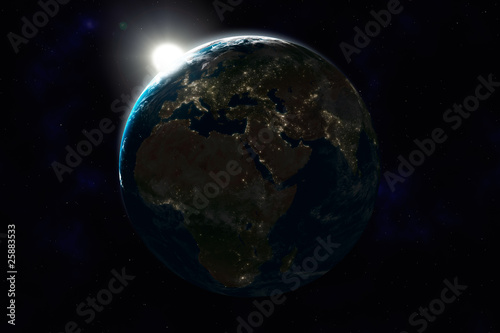 Fototapeta Naklejka Na Ścianę i Meble -  Nachtseite der Erde, Europa, Afrika, Asien, mit Lichtern