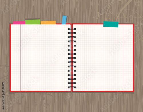Notebook open page design on wooden background