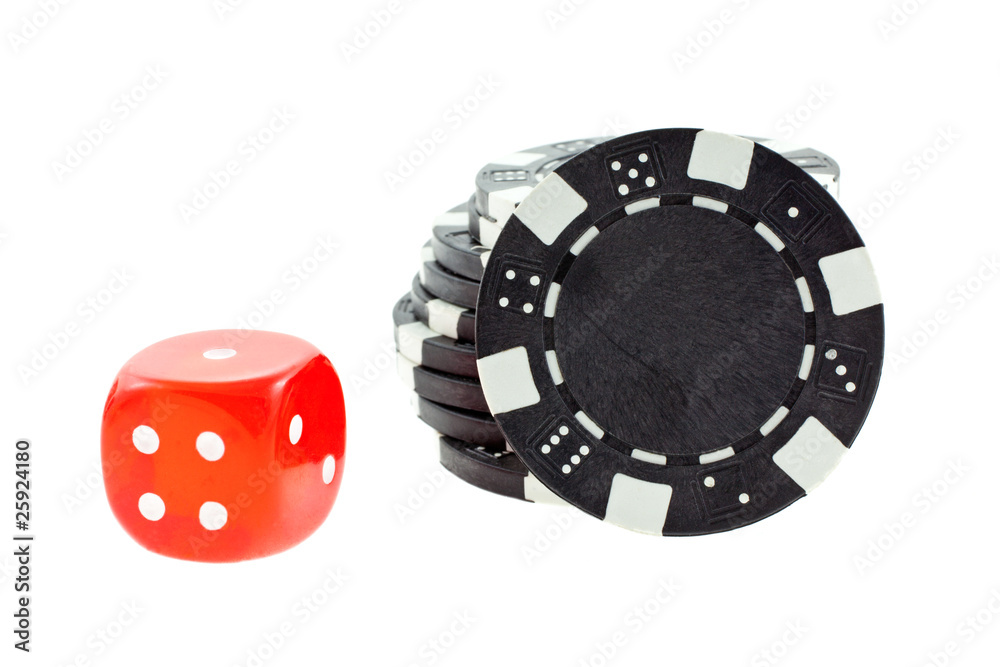 black poker chips and red dice cube isolated black poker chips and red dice cube isolated