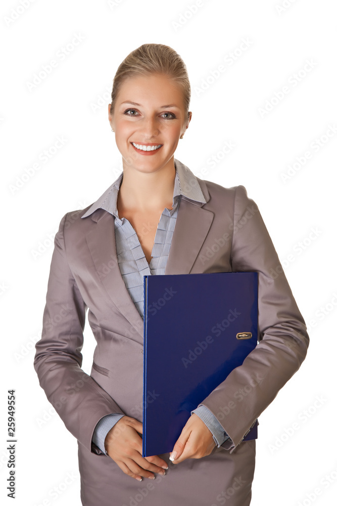 Caucasian blond businesswoman in suit holding ring binder on whi Caucasian blond businesswoman in suit holding ring binder on whi