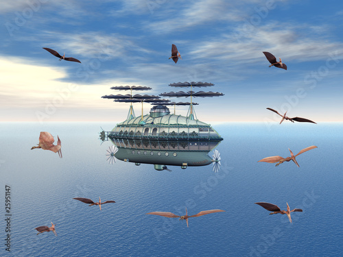Fotografie Fantasy Airship with flying Dinosaurs