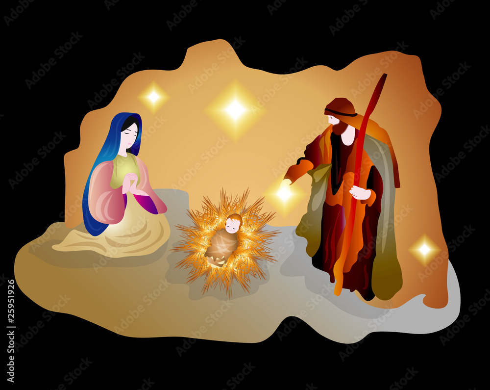 Christmas nativity simple color vector illustration Holy family Mary