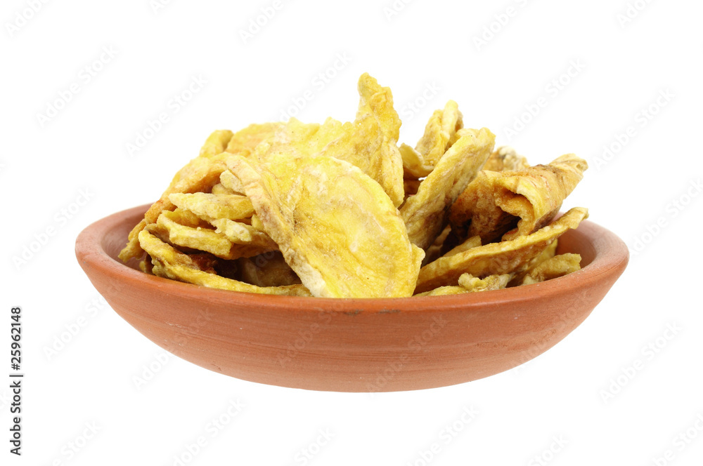 Cooked plantain banana pieces in small dish Cooked plantain banana pieces in small dish