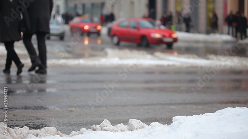 Wallpaper Mural car driving and people walking on street in Winter and snow Torontodigital.ca