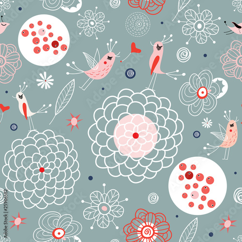 Flower texture with amorous birds