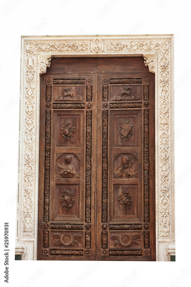 Main wooden door at Santa Croce church, Florence.