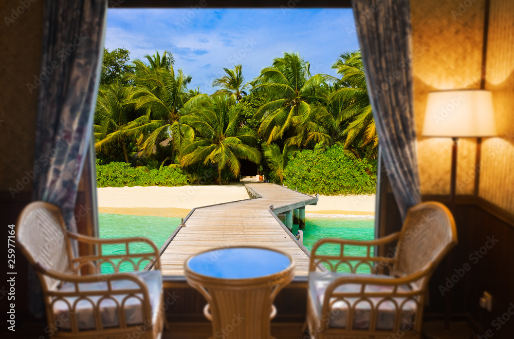 Fototapeta premium Hotel room and tropical landscape