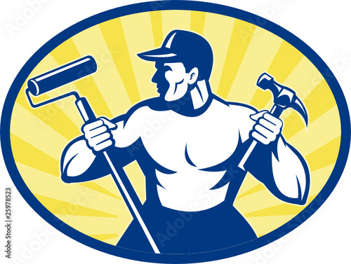 carpenter painter with hammer paint roller