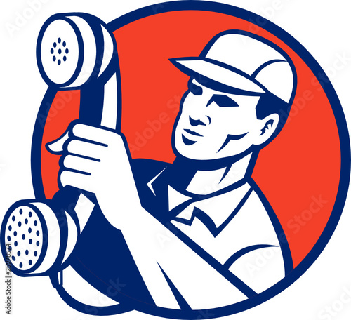 telephone repairman operator holding out a phone