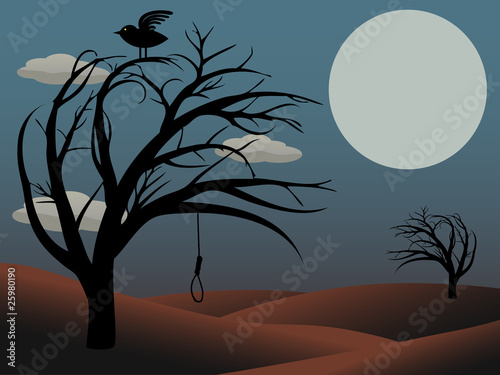 Gothic Bird Sits creepy curvy tree noose dusky red full moon