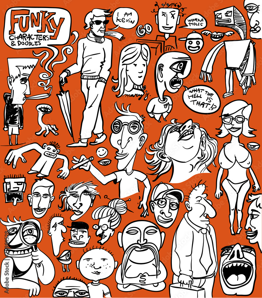 set of funky various character drawings