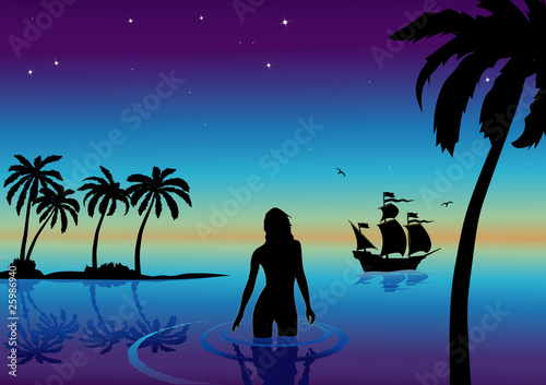 vector illustration with girl and caravel