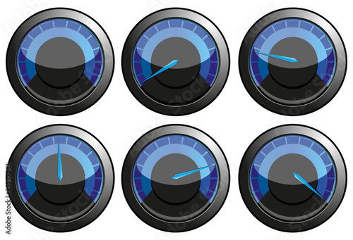 Set of blue speedometers, vector illustration