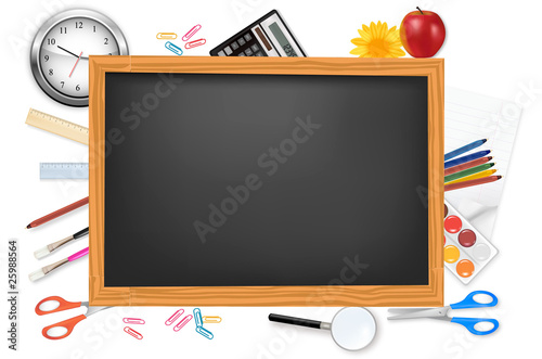 Black desk with school supplies. Vector.