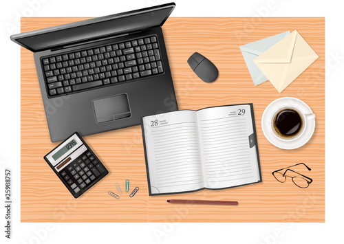 Notebook and office supplies on the table. Vector.