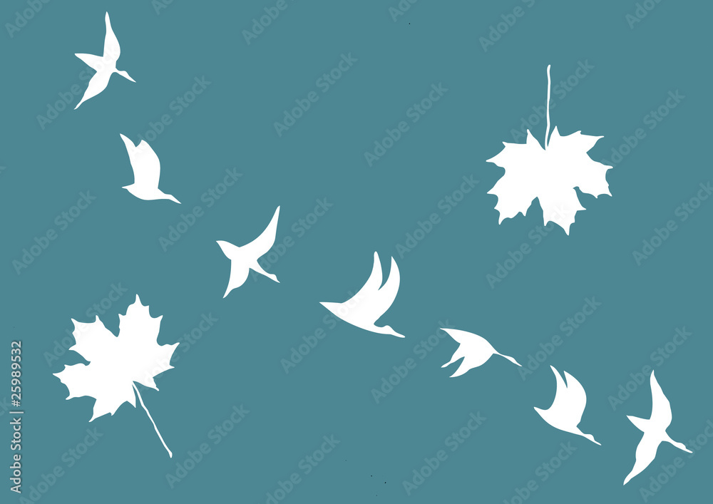silhouettes of the cranes and maple leafs silhouettes of the cranes and maple leafs