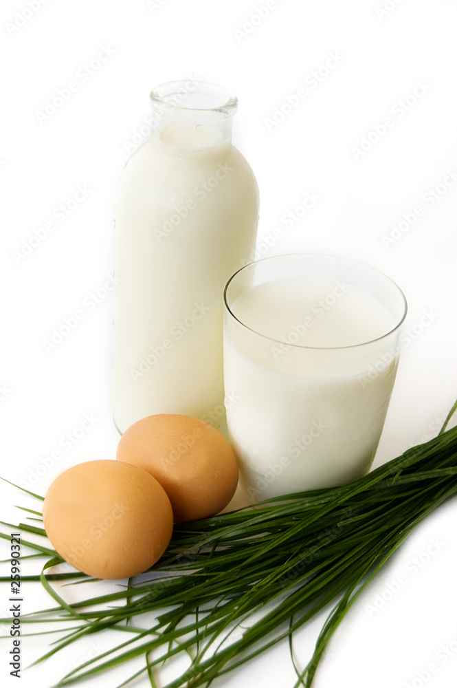 Bottle and glass of milk with eggs Bottle and glass of milk with eggs