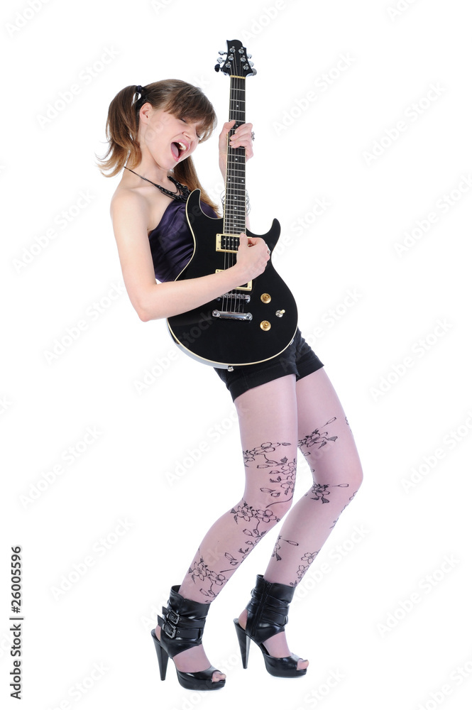 girl with a black guitar in his hand. girl with a black guitar in his hand.