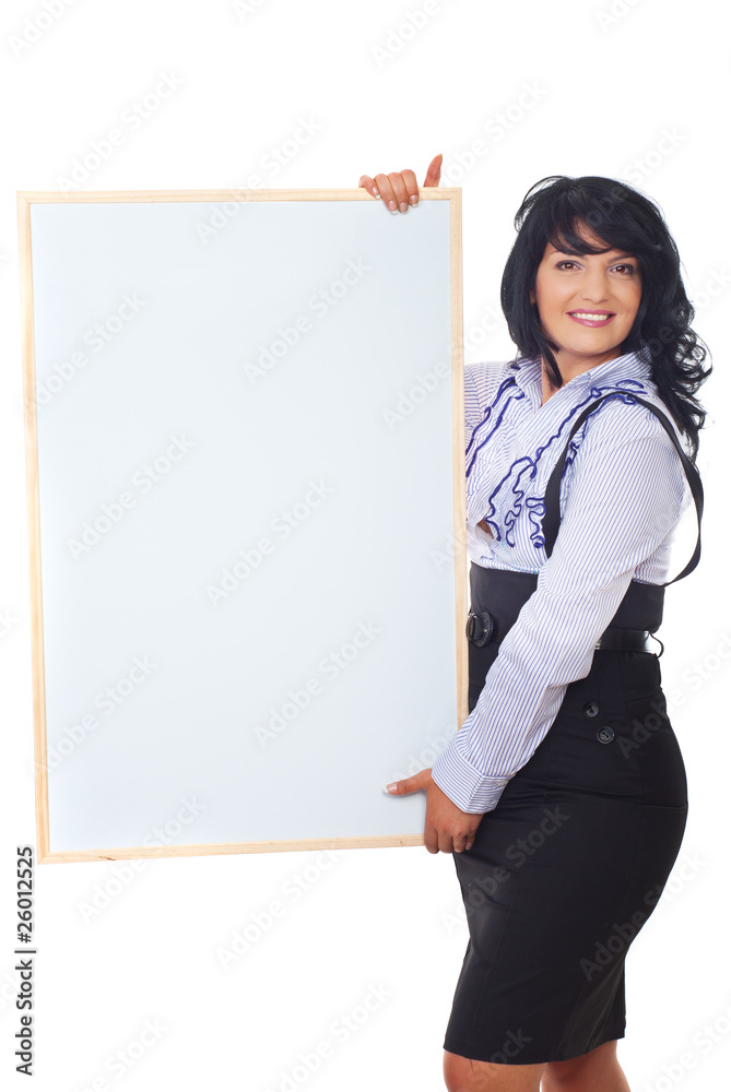 Cheerful business woman holding banner Cheerful business woman holding banner