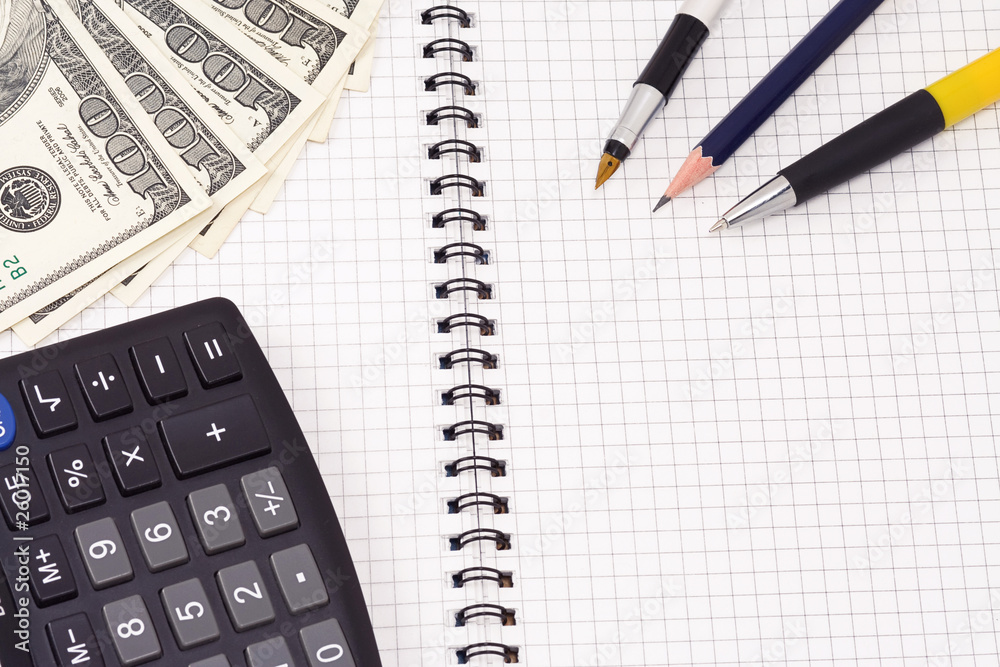 pens, calculator and dollars