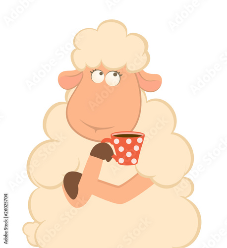 cartoon sheep has coffee from a cup