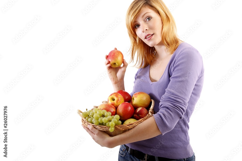 beautiful woman with a fruit basket (white background) beautiful woman with a fruit basket (white background)