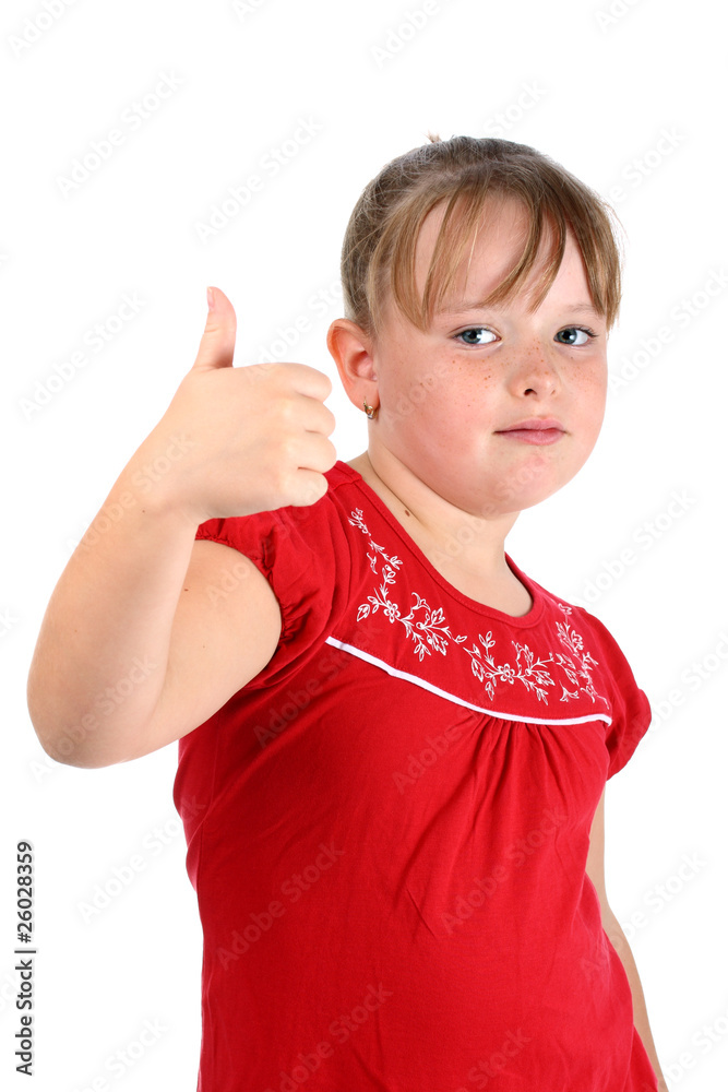 Small girl showing thumbs up gesture isolated on white Small girl showing thumbs up gesture isolated on white