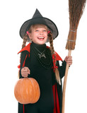 Little girl in costume Halloween witch  with pumpkin,  broom.