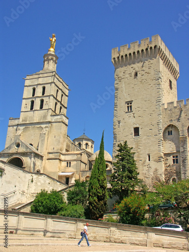 Avignon, palais des papes et statue Notre-Dame des Doms