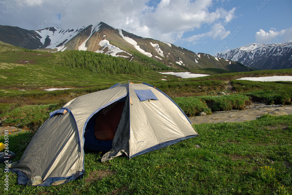 Tourist tent in a mountain landscape