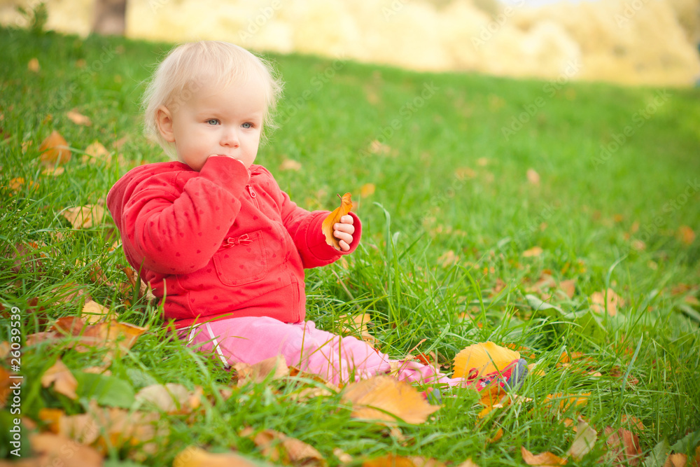young adorable cheerful baby sit in park on green grass play wit young adorable cheerful baby sit in park on green grass play wit