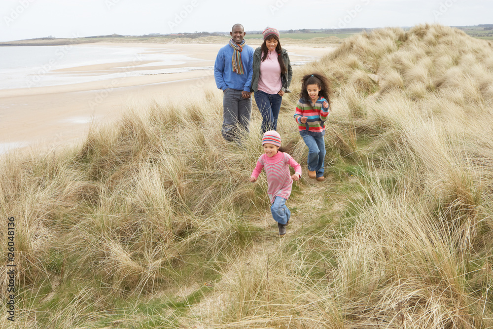 Family Walking Along Dunes On Winter Beach Family Walking Along Dunes On Winter Beach