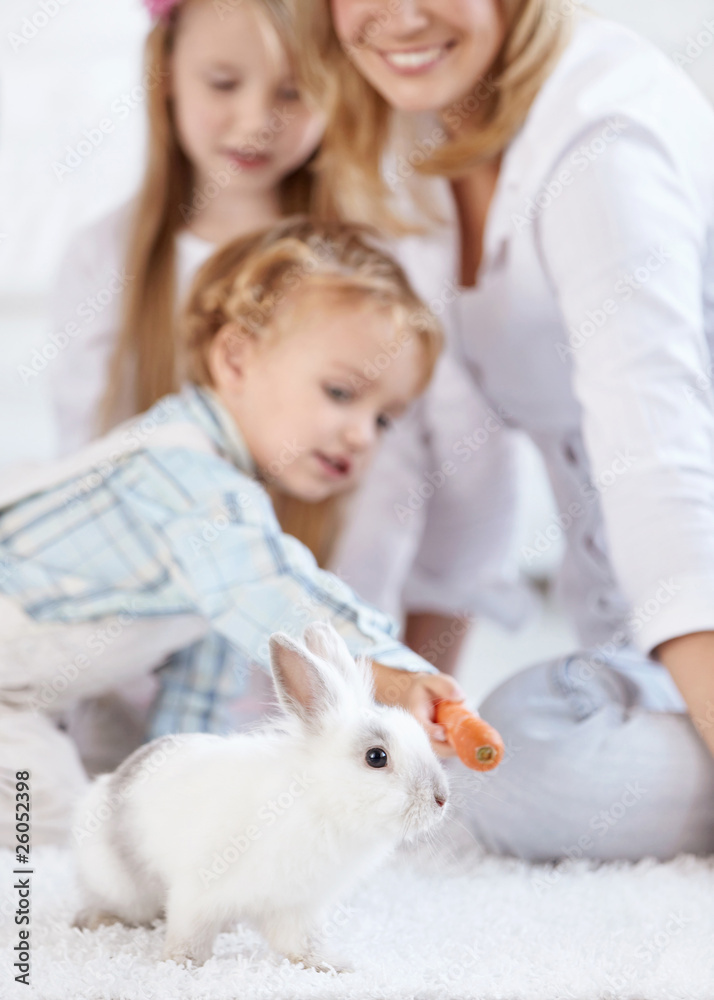 Family and a little white rabbit Family and a little white rabbit