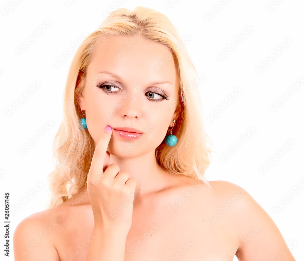 Beatiful blonde woman thinking isolated on white Beatiful blonde woman thinking isolated on white