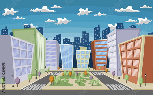 Vector illustration of a city street with trees and buildings