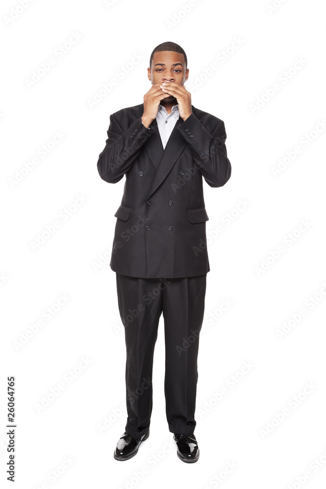 Speak No Evil - African American businessman isolated on white