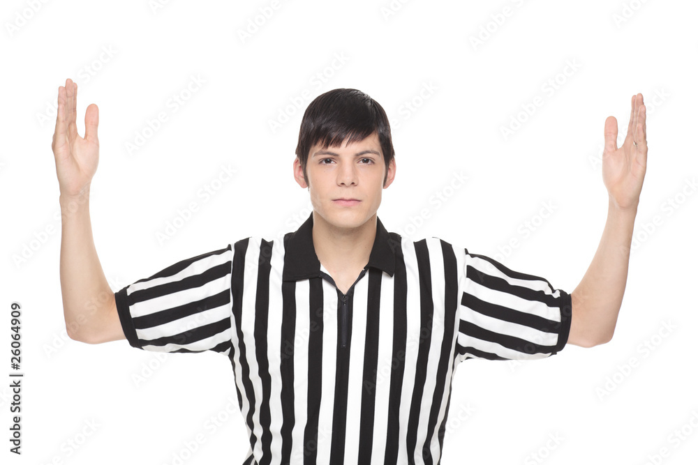 Young adult man in referee uniform making touchdown sign Young adult man in referee uniform making touchdown sign