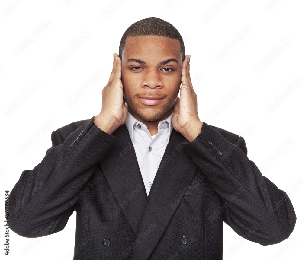 Hear No Evil - African American businessman isolated on white