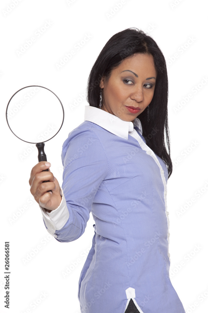 Businesswoman - Latina using magnifying glass Businesswoman - Latina using magnifying glass