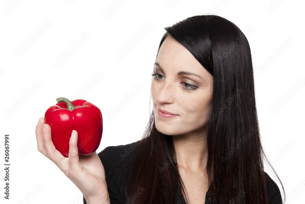 Produce - vegetable woman with red bell pepper Produce - vegetable woman with red bell pepper