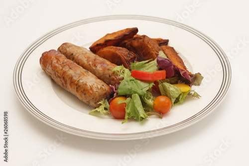Herb Pork Sausages with Potato Wedges ans Salad