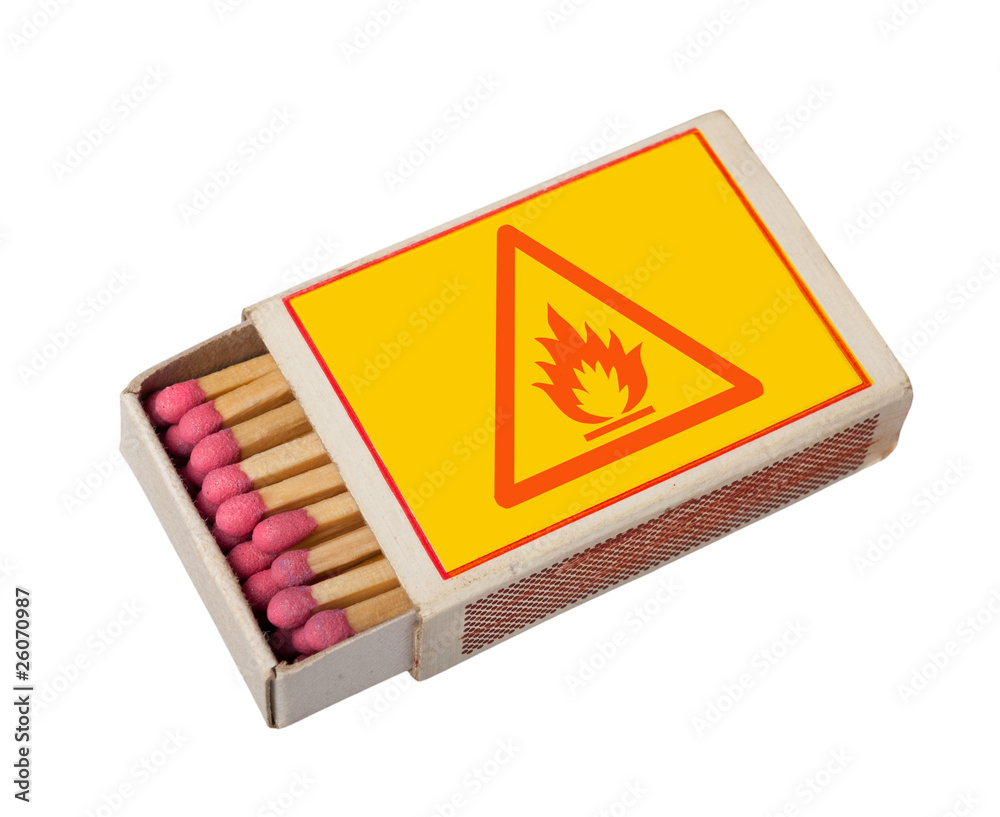matchbox isolated on white with hazard sign, clipping path. matchbox isolated on white with hazard sign, clipping path.