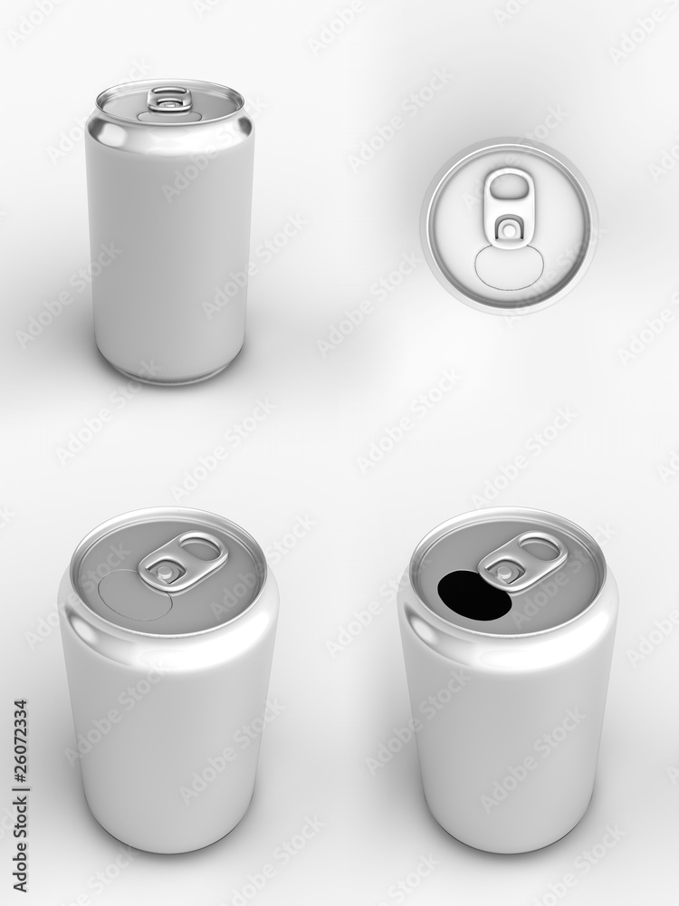 Render of different views of an aluminum can over white Render of different views of an aluminum can over white